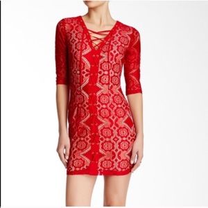 NWOT red lace up dress L Mini Large 3/4 sleeve cut